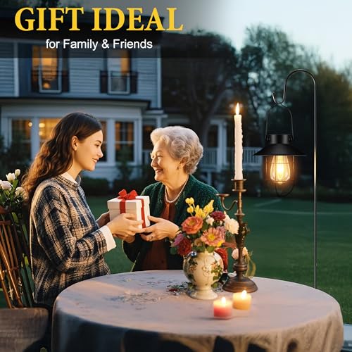 pearlstar 2 Pack Solar Lights Outdoor, Hanging Solar Lanterns with Edison Bulb and 2 x 32 Inch Shepherd Hooks, Waterproof Landscape Lighting for Garden Patio Yard Pathway Driveway Lawn (Black) - style: Black Lanterns