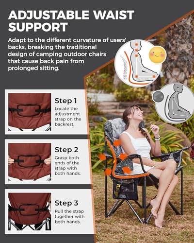 KingCamp Oversized Camping Folding Chair, Heavy Duty 450 LBS with Lumbar Support, Padded seat with Cup Holder&Cooler Bag, Ideal for Camp, Fishing, Sports Event, Backyard, Patio, Lawn - color: Grey/Red-2 Pack