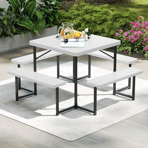 Byroce Outdoor Picnic Table for 4-8 Person, HDPE Picnic Camping Table Set with 4 Benches, Umbrella Hole & Metal Frame, Heavy Duty Square Dining Table Chairs for BBQ in Patio, Yard & Poolside (White) - color: White