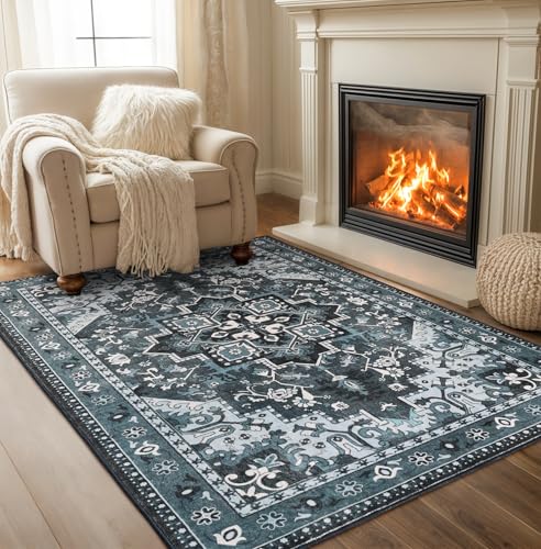 Rugflix 3x5 Area Rugs Machine Washable, Dark Navy Blue Carpet for Entryway, Oriental Indoor Area Rug Low Pile, Small Soft Thick Carpets Non Slip, Farmhouse Vintage Rug for Kitchen Laundry Room - color: Blue, size: 3' x 5' (Rectangular)