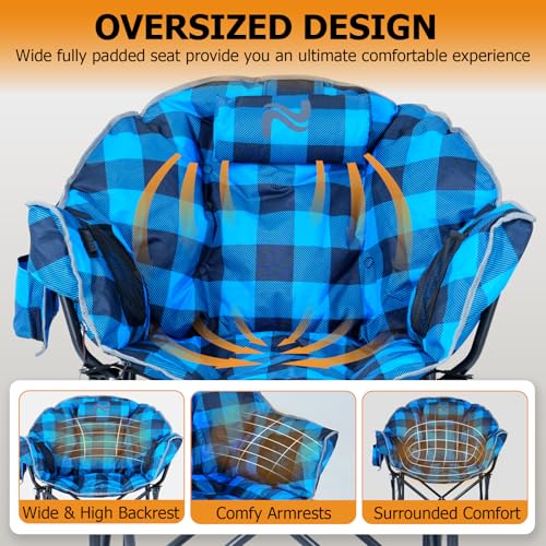 LILYPELLE Oversized Heated Camping Chair, Patio Lounge Chairs with 3 Heat Levels, Portable Folding Heated Chair Round Moon Saucer Folding Lawn Chair Outdoor Chair for Camping, Lounge Patio - color: Blue Grid, style: Heated Moon Chair