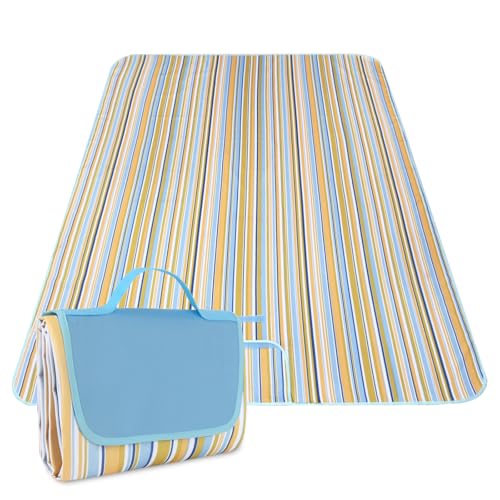 Hi Space Picnic Outdoor Blankets Waterproof Foldable Extra Large Picnic Mat Sandproof Beach Blankets for Grass Lawn Park Camping Family Concert, Blue Striped, 80"x60" - color: Blue-striped