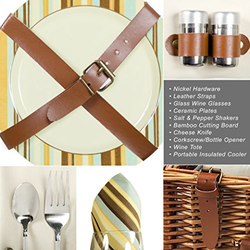 Picnic at Ascot Original Dorset English-Style Willow Picnic Basket with Service for 4 and Blanket- Designed, Assembled & Quality Approved in the USA - color: Wicker With Santa Cruz Plates/Napkins