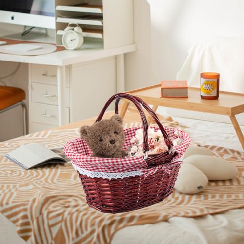 1 Pack 14.2 Inch Brown Wicker Basket with Checkered Lining, Oval Wicker Woven Basket with Handle, Willow Woven Picnic Baskets for Picnic, Camping, Party - size: 1 Pack 14.2in Brown