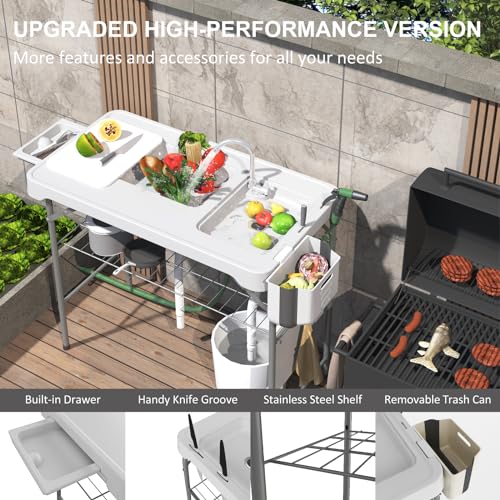 42.5" Fish Cleaning Table with Dual Sink, Portable Folding Camping Table with Faucet, Sprayer, Grid Rack, Hose Hook Up & Knife Groove, Outdoor Sink Station for Picnic Beach Patio - style: Fish cleaning table with dual sink