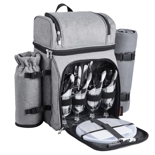 VEVOR Picnic Backpack, Beach Picnic Backpack Bag for 4 Person with Insulated Cooler Compartment, Detachable Bottle/Wine Holder, Lightweight Blanket, Plates and Cutlery Set for Hiking & Camping, Grey - size: double layer for 4 & gray