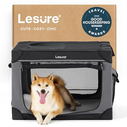 Lesure Shown on TODAY Show Soft Collapsible Dog Crate - 30 Inch Portable Travel Crate for Medium Dogs Indoor & Outdoor, 4-Door Foldable Pet Kennel with Mesh Windows, Black - color: Black, size: M - 30"