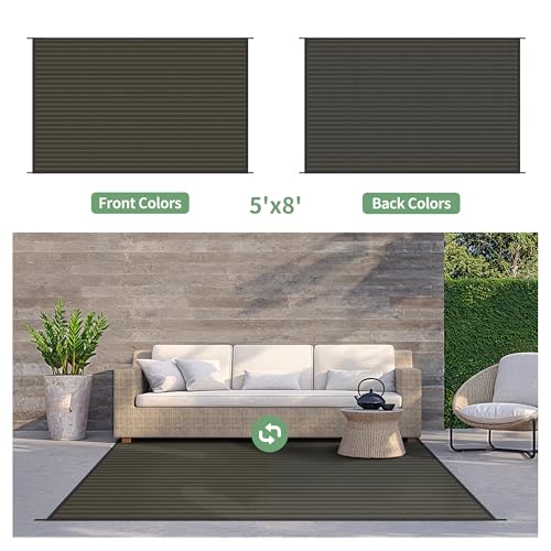 GENIMO Outdoor Rug 5x8 ft Waterproof, Reversible Plastic Straw Patio Rug for RV Camping Mat, Deck, Backyard Balcony Mat - Lightweight & Easy to Clean, Black & Brown - color: Blackbrown-w, size: 5' x 8' (Rectangular)