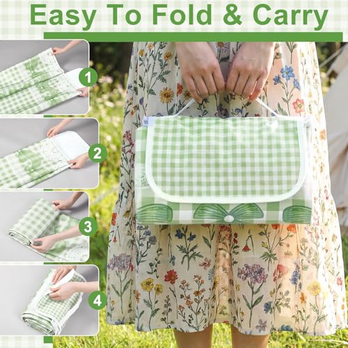 Qinyoung Bow Checkered Extra Large Picnic Blanket 79''x79'' Green Waterproof Foldable Blankets Sandproof Picnic Mat for Beach Spring Camping Grass Lawn Park Cute Couple Gifts Ideas Wedding Registry - color: Green, style: Bow Checkered