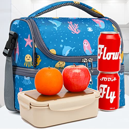 FlowFly Double Decker Cooler Insulated Lunch Bag Large Tote for Boys, Girls, Men, Women, With Adjustable Strap (Blue-Mermaid) - color: Blue-Mermaid