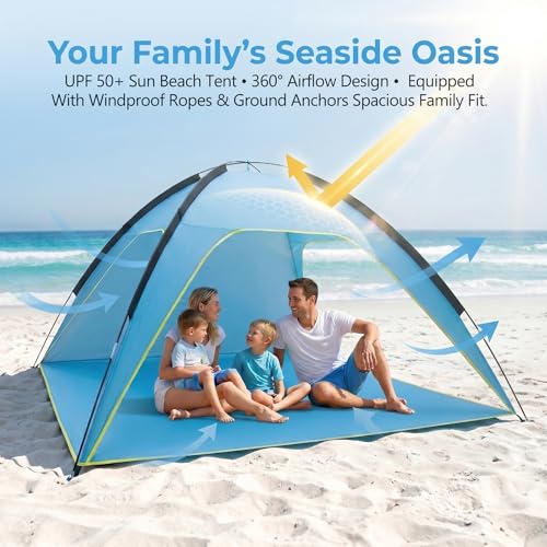 Beach Tent Sun Shelter, Portable Pop Up Beach Tent for 4-5 Person with UPF 50＋ UV Protection, Easy Setup Lightweight Waterproof Ventilation Design Family Sun Shelters for The Beaches