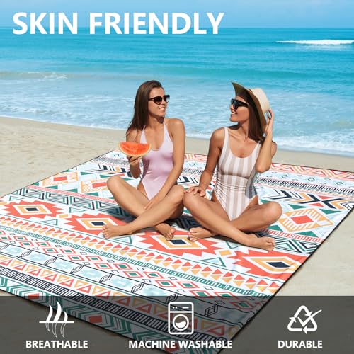 HIHOHO Beach Blanket Waterproof Sandproof Extra Large Beach Mat 79" X 83"/120"x108"for 1-8 Adults Quick Drying Durable Outdoor Picnic Mat for Beach Travel Camping Hiking - color: Bohemian-green Orange, size: 79" X 83"（1~3 person）