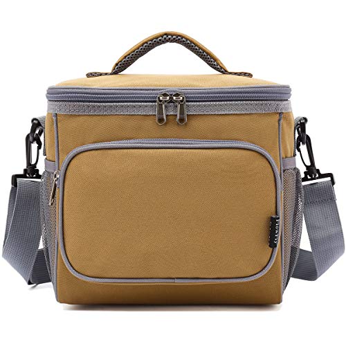 FlowFly Insulated Reusable Lunch Bag Adult Large Lunch Box for Women and Men with Adjustable Shoulder Strap,Front Zipper Pocket and Dual Large Mesh Side Pockets,Brown - color: Brown
