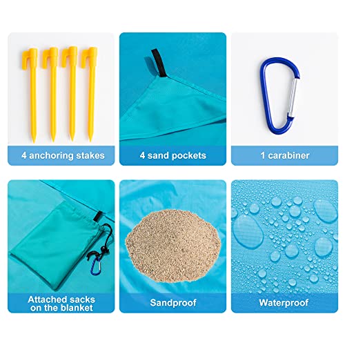 Beach Blanket with Pillow Double-Sided Waterproof Sandproof Extra Large Beach Mat Quick Drying Lightweight with 4 Stakes&4 Corner Pockets 79"*83" for 1-4 Adults for Camping Picnic Travel Hiking - color: Blue, size: 79"*83"