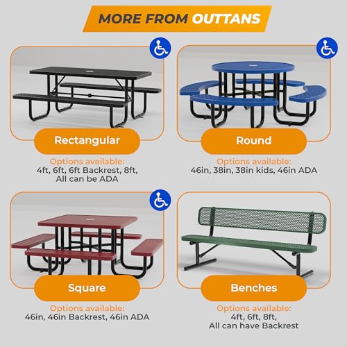 Metal Picnic Tables for Outdoors with Umbrella Hole - Coated Steel Heavy Duty Commercial Grade Furniture Set with Adjustable Seats (Green, 46 in, Round, Expanded Steel) - color: Green, size: 46 In, Round, Expanded Steel