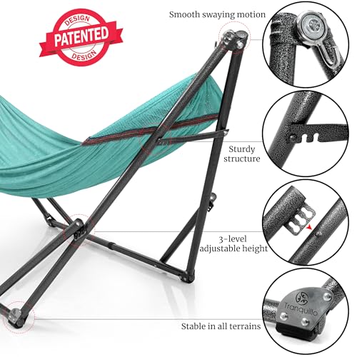 Tranquillo Universal Double Hammock with Stand Included for 2 Persons/Foldable Hammock Stand 600 lbs Capacity Portable Case - Inhouse, Outdoor, Camping, Sky - color: 1. Sky