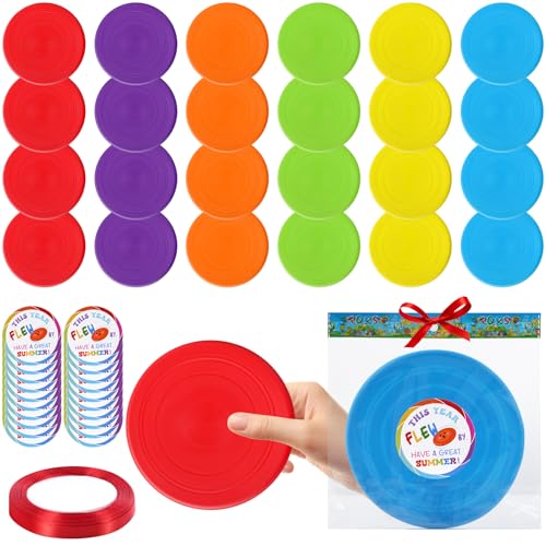 24 Pcs Flying Disc End of Year Gifts Bulk, 7” Rubber Flyer Disks with Gift Cards Outdoor Flying Discs for End of Year Gift Summer Beach Party Supplies, 6 Colors
