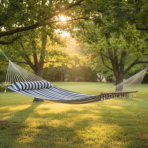 Sunnydaze Quilted Double Hammock for Outside with Spreader Bars and Pillow - 450 lb Capacity, 74x55 Inch Bed, UV Resistant, Quick Dry - Chains Included, Stand Sold Separately - Blue & White Stripe - color: Blue/White Stripe