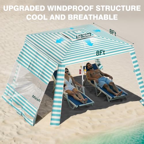 Rhino Valley Beach Cabana, 8 * 8FT Beach Tent UPF50+ Protection, Easy Setup Beach Canopy Wind Resistant with Cup Holder, Compact Beach Shade Foldable Beach Tent Sun Shelter, Light Blue Stripes - color: Light Blue Stripes