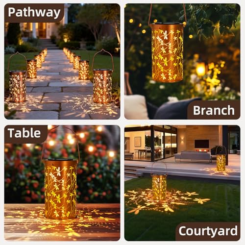 DIBIEECN Mothers Day Gifts for Mom, Birthday Gifts Grandma Ladies Solar Lanterns Outdoor Hanging Hollowed-Out Metal Waterproof LED Garden Decor Outside for Patio Yard Porch, Dragonfly, 1 Pack - style: Dragonfly