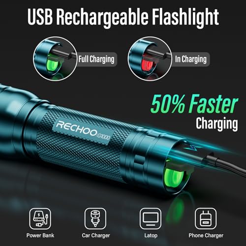 RECHOO Rechargeable Flashlight 1 Pack, Bright Military Grade Torch Light High Lumens with Adjustable Focus & 3 Lighting Modes, Lightweight Waterproof Led Flashlight for Camping Home, Teal Blue - color: Teal Blue, size: 1 Pack