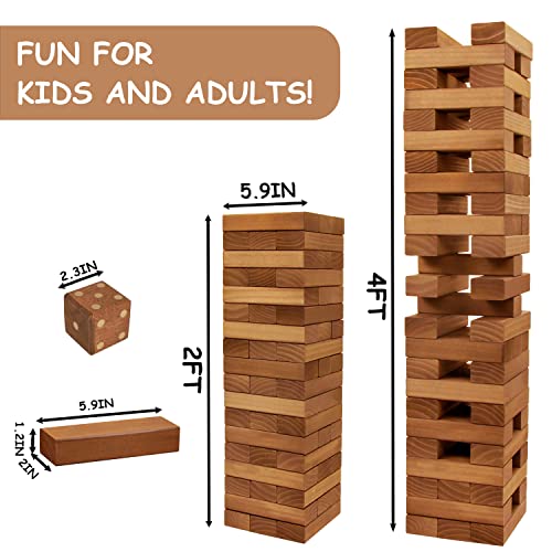 Juegoal 54 Pieces Giant Tumble Tower Blocks Game Giant Wood Stacking Game with 1 Dice Set, Gameboard, Canvas Bag for Adult, Kids, Family, Brown - color: Brown, size: Large