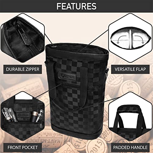 opux Two Bottle Wine Bag Carrier Tote, Insulated Leakproof 2 Bottle Wine Cooler Bag for Travel BYOB Picnic, Portable Wine Case, Gift for Men Women Wine Lover Birthday Party Christmas, Checker Black - color: Black Square