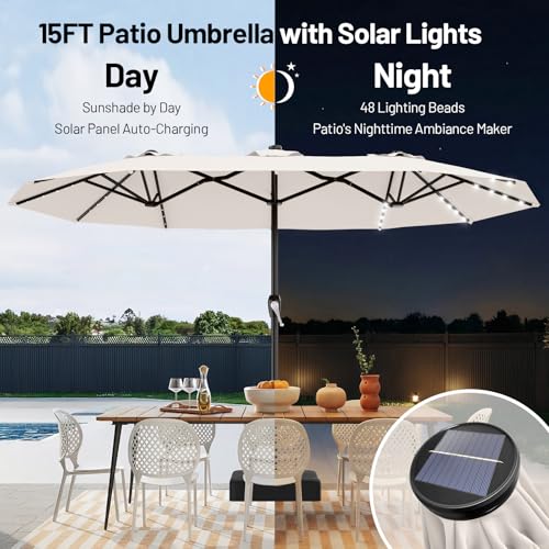 AreShark 15FT Patio Umbrella with Solar Lights, Double Sided Outdoor Table Umbrellas with Crank, Large Rectangular Market Umbrella for Porch, Lawn, Pool, Backyard, Cream-White - color: Cream-White, size: 9x15 Ft
