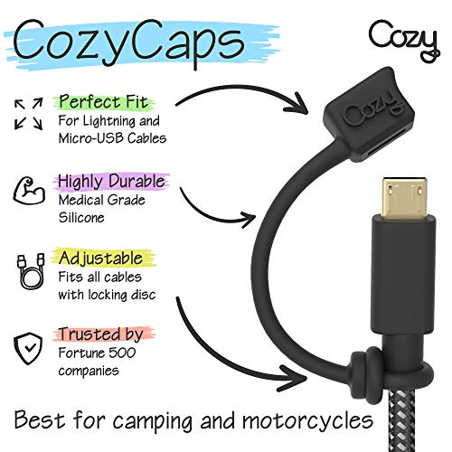 Cozy [4-Piece] USB Caps/Tether for Micro USB Cable & Compatible with Apple Charging Cable (Black) - color: Lightning/Micro USB - Black