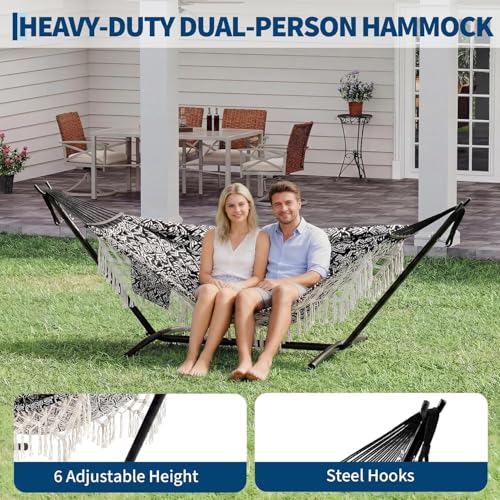 Portable Double Hammock with Stand, 450 lb Capacity Heavy Duty 2-Person Hammock Bed with Decorative Lace, Large Comfortable Outdoor Hammock for Patio, Backyard, Poolside, Easy Tool-Free Assembly