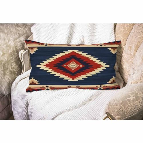 Smooffly Vintage Southwest American Throw Pillow Case Waist Lumbar Cotton Linen Throw Pillow case Cushion Cover for Sofa Home Decorative Oblong 12x20 Inches Blue Red - color: Swn25