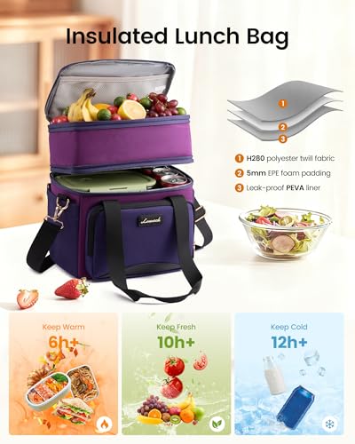 LOVEVOOK Insulated Lunch Bag For Women Men,Expandable Double Deck Lunch Box With Large Cup Holder,Leakproof Cooler Bag For Adult Lunch Tote Bag Work Picnic Beach with Adjustable Shoulder Strap Gift - color: Black with Leather, size: Large —15l