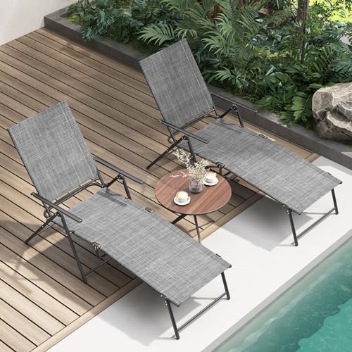 Giantex Lounge Chair Outdoor Set of 2 - Tanning Chair with 6 Adjustable Backrest, 2-Level Footrest, Folding Sunbathing Lounger for Patio, Poolside, Yard, Chaise Lounge Chair, Beach Chair (Grey) - color: Grey