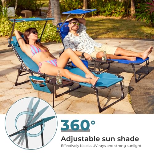 FUNDANGO 4 in 1 Tanning Chair with Face Hole, Beach Lounge Chair w/Canopy Shade & Side Table Chaise Lounge Chairs for Patio, Pool, Lawn, Sunbathing, 5-Position Adjustable Sun Lounger, Cyan - color: #Ucp 1 Pack Cyan, style: UltimateComfort Pro 5 Position C