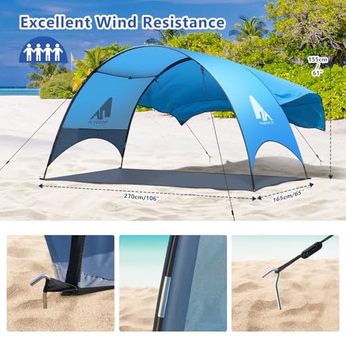 Beach Tent - Beach Shade Canopy Compact Fold (16.9x3.9″), Own Patent, 360° Ventilation, Large Side Storage Pocket, UV Protection Portable Sun Shelter for Beach (Blue, 106*65*61″ with 74.8*98.4″ sail) - size: 106*65*61″ with sail
