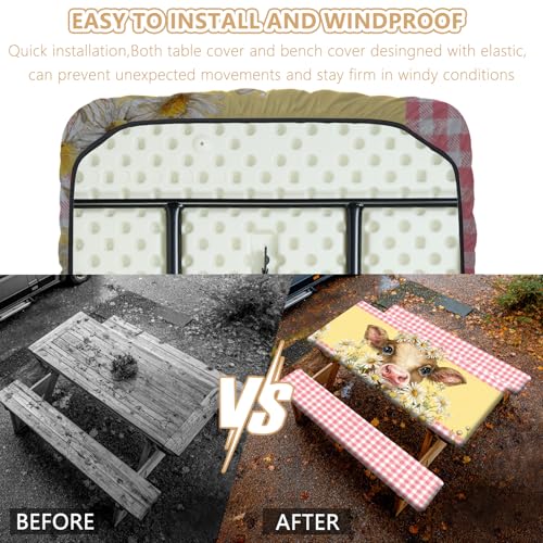 Picnic Table Cover with Bench Covers Elastic Edges, Outdoor Patio Camping Essentials 72 Inch 3PCS, Waterproof Camping Fitted Tablecloth with Handbags (Pink check daisy cow) - color: Pink checkered cow