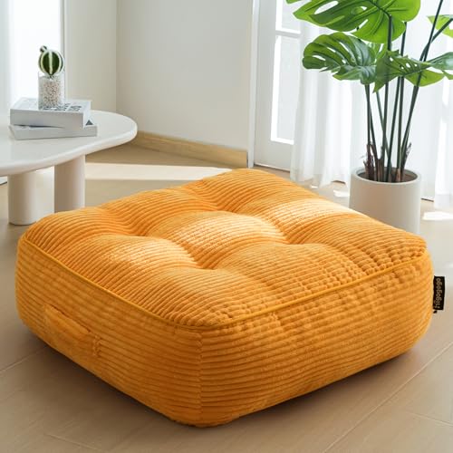 HIGOGOGO 8" Extra Thick Floor Pillow Cushion for Adults, Meditation Cushion Pillow, Large Square Floor Sitting, Tufted Corduroy Cover, for Tatami Living Room or Yoga, 22x22 Inch, Orange - color: Square Orange, size: 8" Thick(Pack of 1)