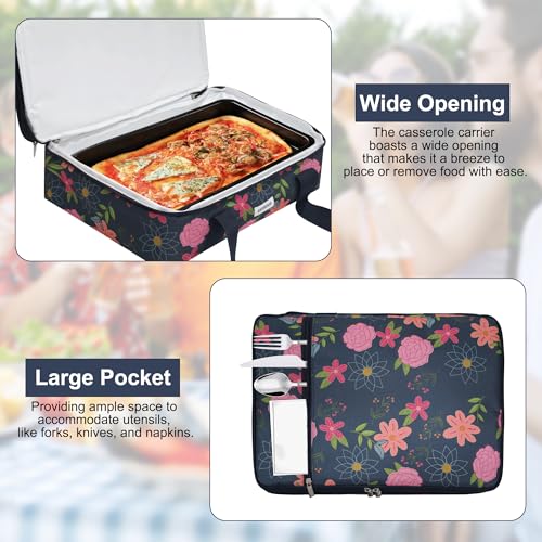 Double Decker Insulated Casserole Carrier, Expandable Thermal Food Warmer Bag Fits 9x13 Dish, Leak-Proof Potluck Lasagna Holder with Utensil Pocket for Picnic Party Cookout (Blue Floral) - color: Blue Floral