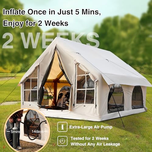 KNUO Inflatable Camping Tent, Large Blow-Up Air Tent, No Assembly Needed Luxury Glamping House, Oxford Fabric - color: Light Beige-Dual-layer Doors, size: 10x10ft