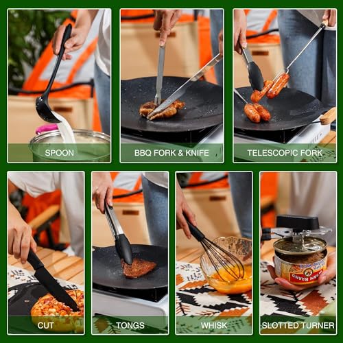 Wesqunie Camping Essentials Cookware Cooking Utensils Set - Portable Camp Kitchen Mess Kit Outdoor Accessories, Stainless Steel & Silicone, Camping Gear Equipment for RV Picnic Grill, 14PCS Khaki - color: 14PCS Khaki