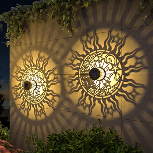 gardencave 2 Pack Solar Fence Lights Metal Solar Powered Outdoor Wall Deck Lights Sun Moon Theme Waterproof Fence Light for Garden Post Patio Backyard Yard Decor (Face, 2 Pack) - color: Face, size: 2 Pack