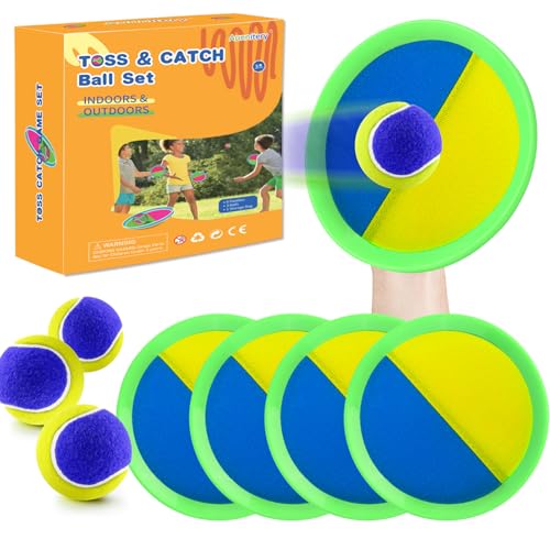 Outdoor Games - Beach Toys, Toss and Ball Set with 4 Paddles and 3 Balls, Perfect Yard Games Sets, Playground Sets for Backyards Easter Basket Stuffers for Kids/Adults/Family - color: Yellow