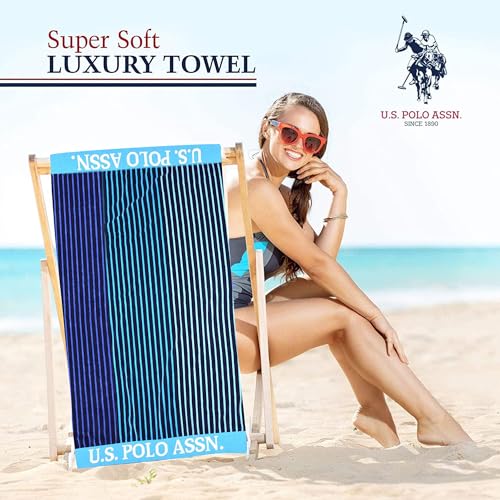 U.S. Polo Assn. Oversized (40” x 70”) Striped Nautical Design Beach Towel - Luxury Plush Cotton Hotel Quality for Bath, Pool - Hawaii Stripe - color: Blue/Navy, size: 40" x 70"