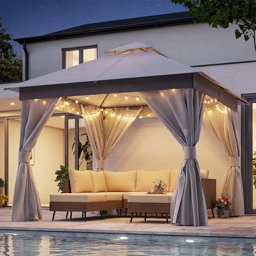 LAUSAINT HOME 10'x10' Outdoor Gazebo with 50FT String Lights, Metal Heavy Duty Patio Canopy Tent with Double Roofs, Mosquito Nettings and Privacy Screens for Backyard, Garden, Lawn, Gray - color: Gray, size: 10'x10' With String Lights
