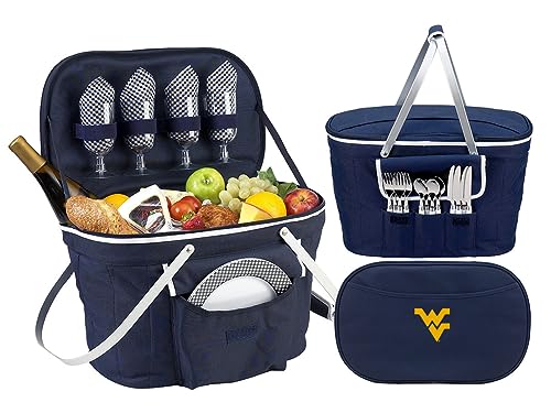 West Virgina University Licensed Mountaineers Patented Collapsible Insulated Picnic Basket Equipped with Service for 4- Designed and Assembled in USA