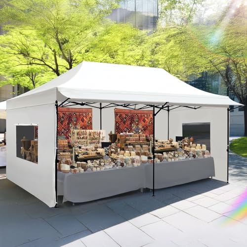 Quictent 10x20 Heavy Duty Pop up Canopy Tent with 3 Removable Sidewalls, Commercial Grade Instant Shelter with Wheeled Bag for Outdoor, Parties, Markets, 600D PU Coated UPF 50+ Sun Shield - color: White, size: 10x20