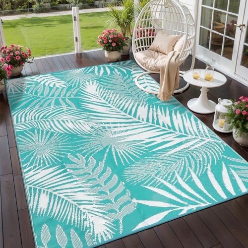 Outdoor Rug for Patios Clearance, 6x9 Waterproof RV Rugs for Outside, Reversible Plastic Straw Mat Large Quick Drying Outdoor Rugs for Deck Trailers Campers Porch Beach Backyard,Teal & White - color: Teal Blue, size: 6' x 9' (Rectangular)