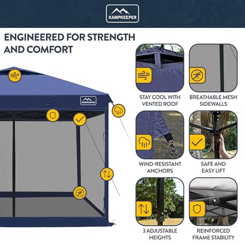 KAMPKEEPER 10x10 Pop-Up Canopy Tent, Waterproof Portable Shade with Screen Walls, Adjustable Instant Outdoor Shelter for Camping, Backyard, and Events, Navy Blue - color: Navy Blue