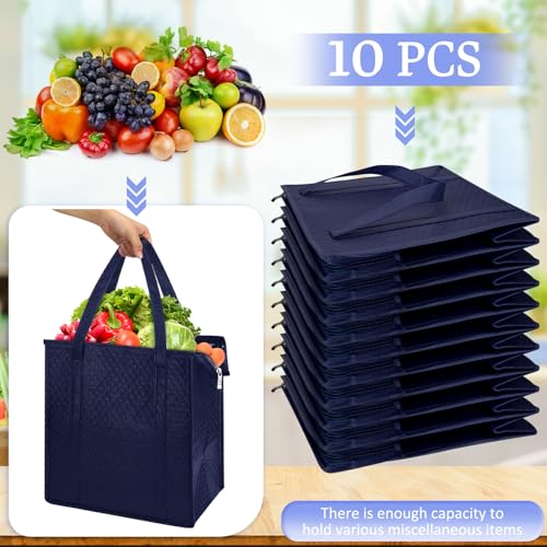 10 Pack Large Insulated Grocery Bags Reusable Shopping Bags with Zippered Top 13 x 12 x 7 Inch Thermal Cooler Totes Bulk with Handles for Hot Cold Food Delivery Refrigerator (Navy Blue) - color: Navy Blue