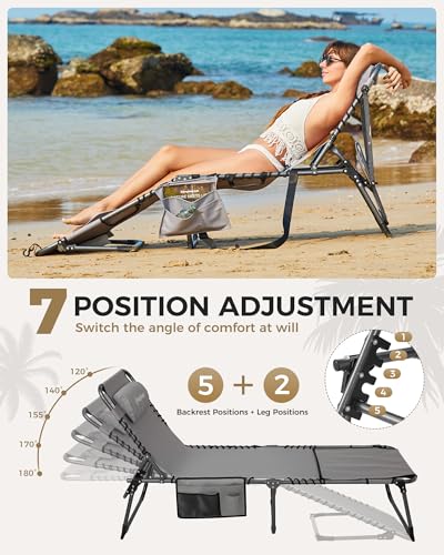 KingCamp Tanning Chair with Face Hole, Lounge Chairs Outdoor Folding Comfy Adjustable 5-Position Foldable Chaise Chaser with Canopy Shade for Outside Beach Patio Sun Bathing Pool, Grey - color: C*skyshade Canopy——grey Canopy, style: oversized